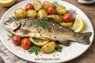 Сервиране на печена пъстърва на фурна с печени картофи